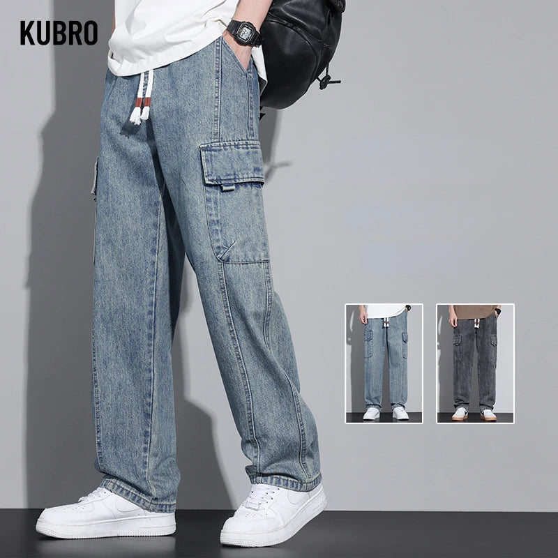 KUBRO American Casual Cargo Pants 2024 Spring Summer Fashion Street Youth Loose Jeans Men Elastic Waist Straight Denim Trousers - null - Fashion Fossil -  