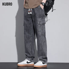 KUBRO American Casual Cargo Pants 2024 Spring Summer Fashion Street Youth Loose Jeans Men Elastic Waist Straight Denim Trousers - null - Fashion Fossil -  