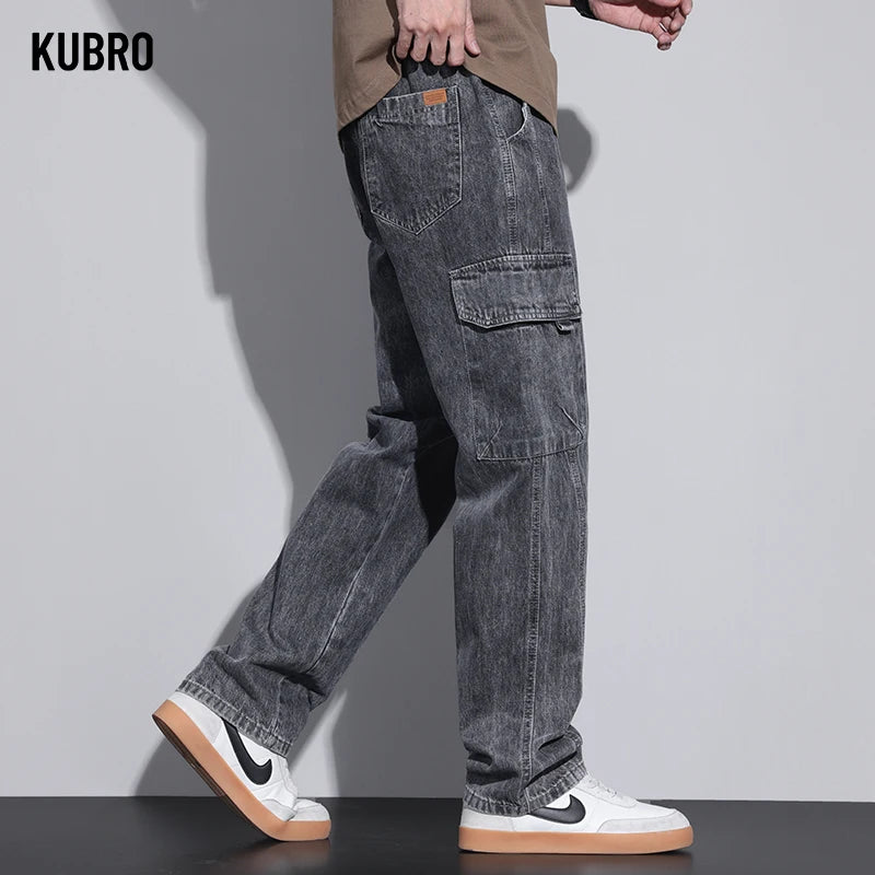 KUBRO American Casual Cargo Pants 2024 Spring Summer Fashion Street Youth Loose Jeans Men Elastic Waist Straight Denim Trousers - null - Fashion Fossil -  