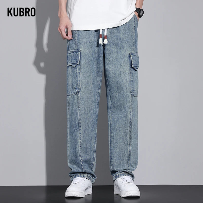 KUBRO American Casual Cargo Pants 2024 Spring Summer Fashion Street Youth Loose Jeans Men Elastic Waist Straight Denim Trousers - null - Fashion Fossil -  