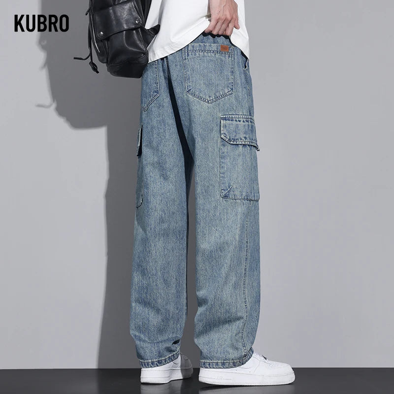 KUBRO American Casual Cargo Pants 2024 Spring Summer Fashion Street Youth Loose Jeans Men Elastic Waist Straight Denim Trousers - null - Fashion Fossil -  