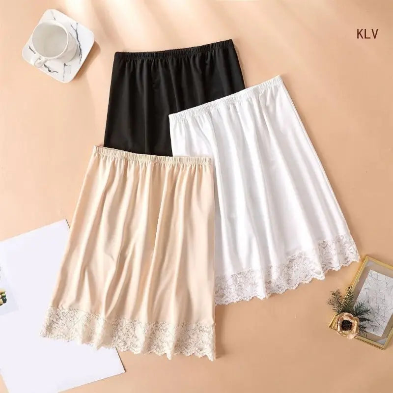 Women Knee Length Half Slip Underskirt Elastic Waist Solid Color Lace Trim Petticoat Basic Half Skirt for Under Dresses - null - Fashion Fossil -  