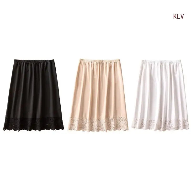 Women Knee Length Half Slip Underskirt Elastic Waist Solid Color Lace Trim Petticoat Basic Half Skirt for Under Dresses - null - Fashion Fossil -  