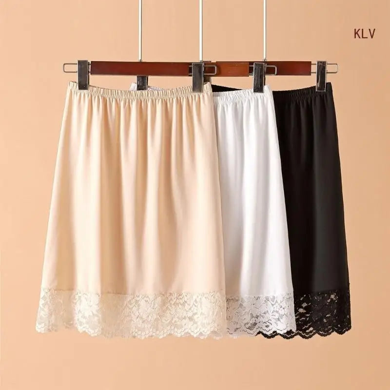 Women Knee Length Half Slip Underskirt Elastic Waist Solid Color Lace Trim Petticoat Basic Half Skirt for Under Dresses - null - Fashion Fossil -  