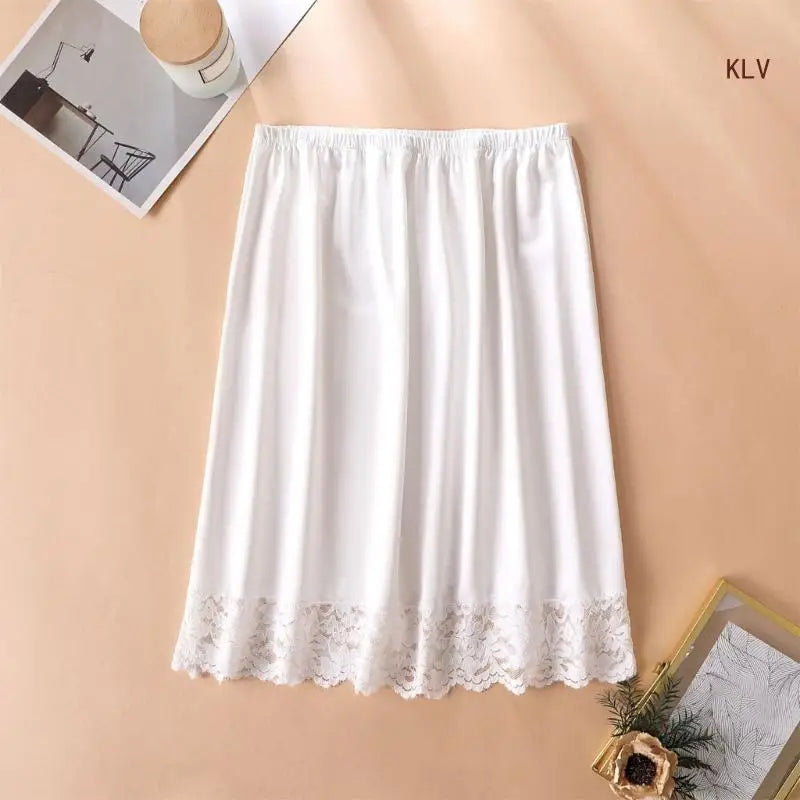 Women Knee Length Half Slip Underskirt Elastic Waist Solid Color Lace Trim Petticoat Basic Half Skirt for Under Dresses - null - Fashion Fossil -  