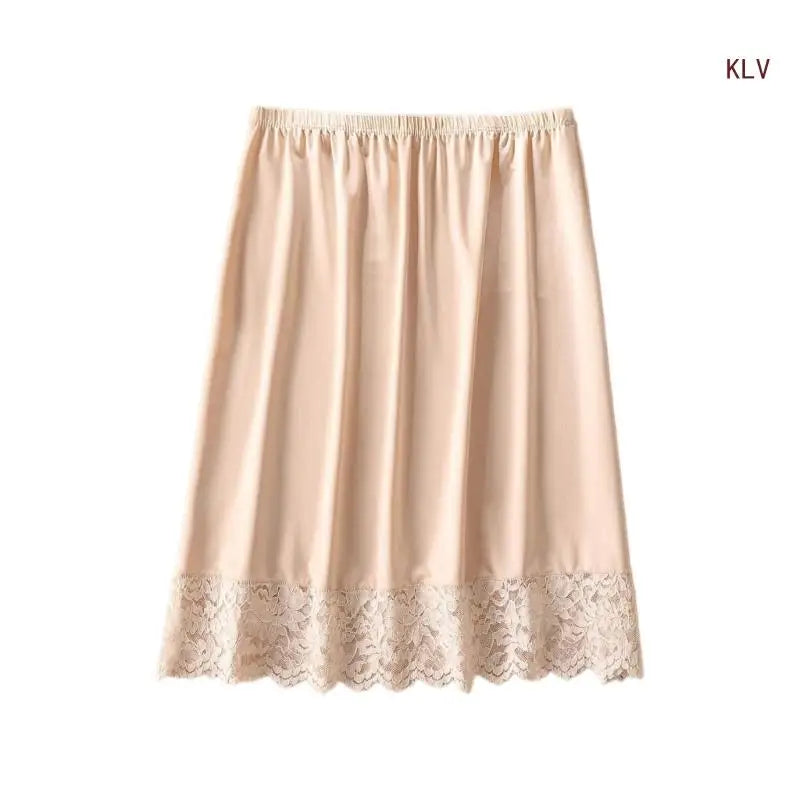 Women Knee Length Half Slip Underskirt Elastic Waist Solid Color Lace Trim Petticoat Basic Half Skirt for Under Dresses - null - Fashion Fossil -  